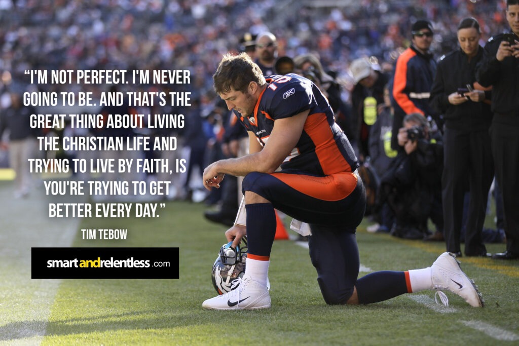 Denver Broncos quarterback Tim Tebow (15) prays in the end zone before the start of an NFL football game against the Chicago Bears, Sunday, Dec. 11, 2011, in Denver. (AP Photo/Julie Jacobson)