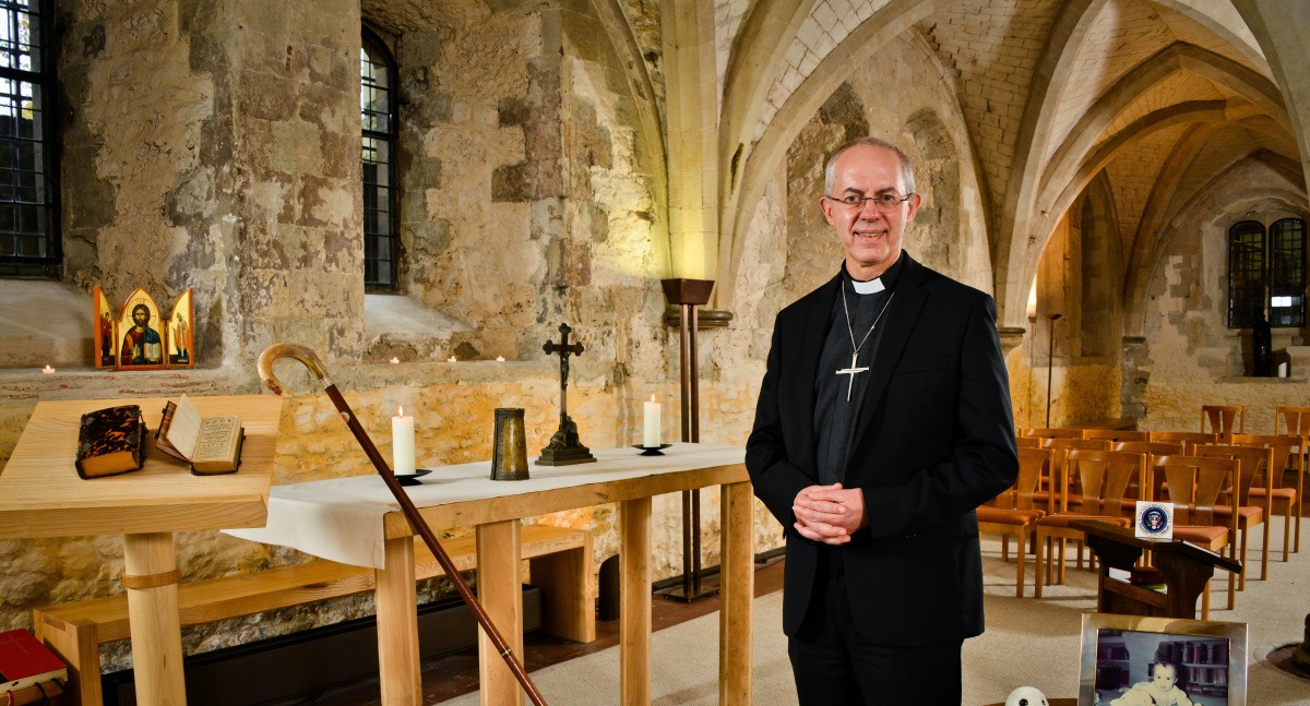 Justin Welby 'Archbishop of Canterbury'-'My Haven' his chapel in Lambeth Palace 6.11.2015 Items Coventry cross of nails (his wearing it) Archbishop’s step father’s Cross which is on the alter Prayer book and bible Photograph of Johanna (the Archbishop’s first born, who died in a car accident when she was 6 months old) Baby Johanna's Toy Seal which travels with him A slave bracelet from Nigeria (the Archbishop spent a great deal of time in Nigeria. Even getting kidnapped there) A small bottle of off shore crude oil (he worked in the oil industry) His “rock badger” pastoral staff from Liverpool Crest from his favourite TV show 'West wing'